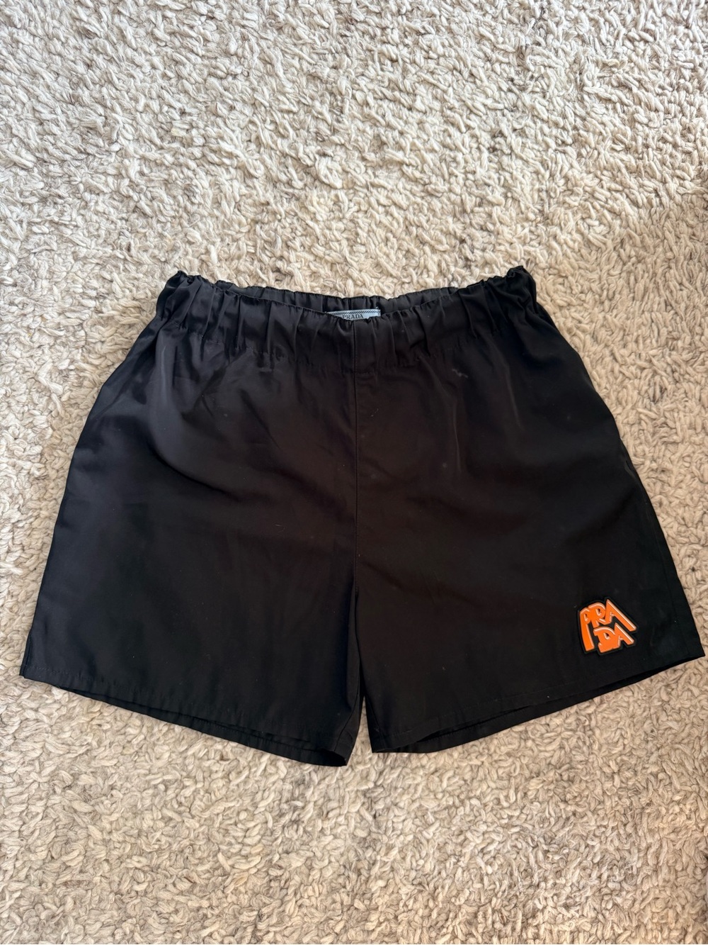 Prada Black Nylon Shorts with Orange Rubber Logo Patch
